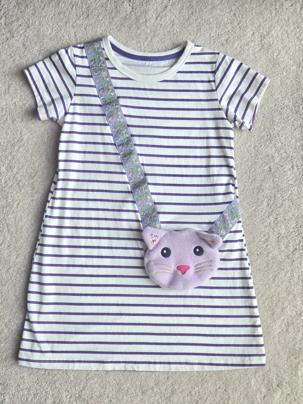 Girls Purple Striped Tee Dress with Lilac Cat Crossbody